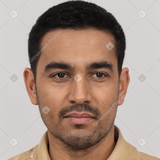 Neutral latino young-adult male with short  black hair and brown eyes