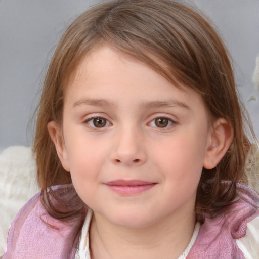 Joyful white child female with medium  brown hair and blue eyes