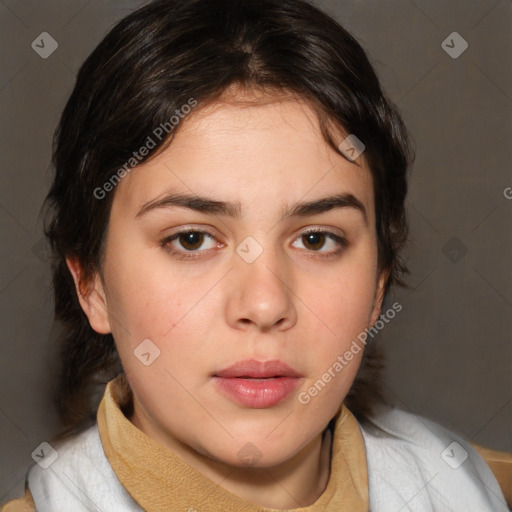 Neutral white young-adult female with medium  brown hair and brown eyes