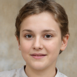 Joyful white child female with short  brown hair and brown eyes