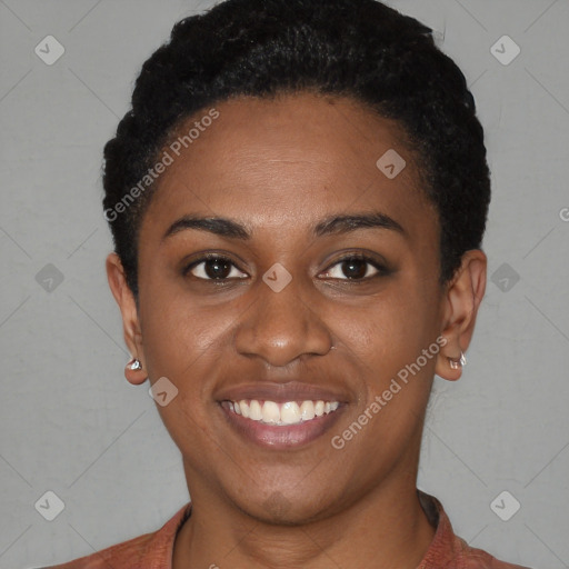 Joyful latino young-adult female with short  black hair and brown eyes