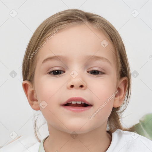 Joyful white child female with medium  brown hair and brown eyes