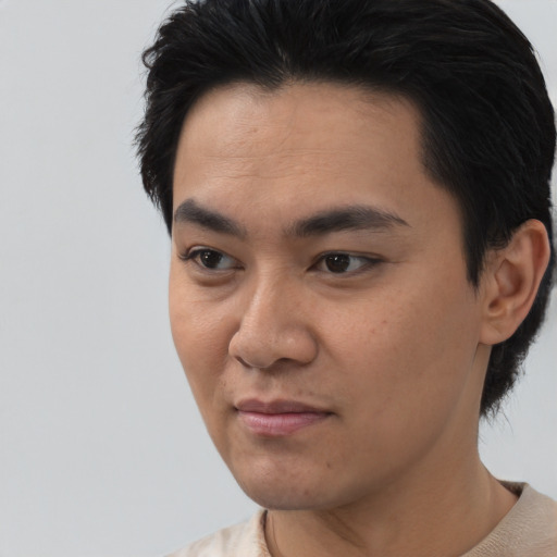 Neutral asian young-adult male with short  black hair and brown eyes