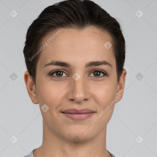 Joyful white young-adult female with short  brown hair and brown eyes