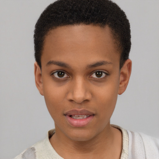 Joyful latino young-adult female with short  black hair and brown eyes