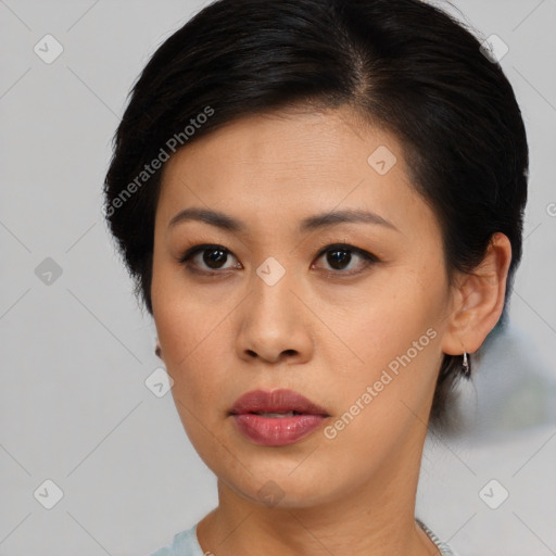 Neutral asian young-adult female with short  black hair and brown eyes