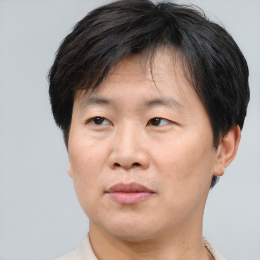 Neutral asian adult male with short  brown hair and brown eyes