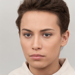 Neutral white young-adult female with short  brown hair and brown eyes