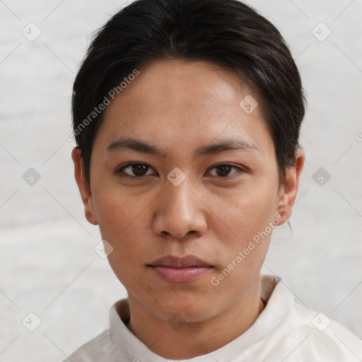 Neutral white young-adult female with short  brown hair and brown eyes