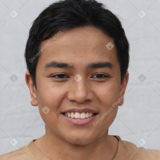 Joyful asian young-adult male with short  brown hair and brown eyes