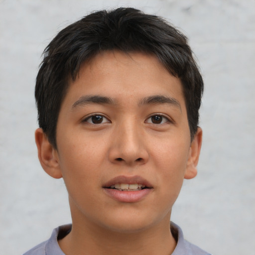 Neutral asian young-adult male with short  brown hair and brown eyes