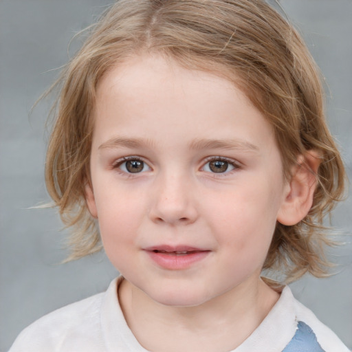 Joyful white child female with medium  brown hair and brown eyes