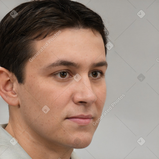 Neutral white young-adult male with short  brown hair and brown eyes