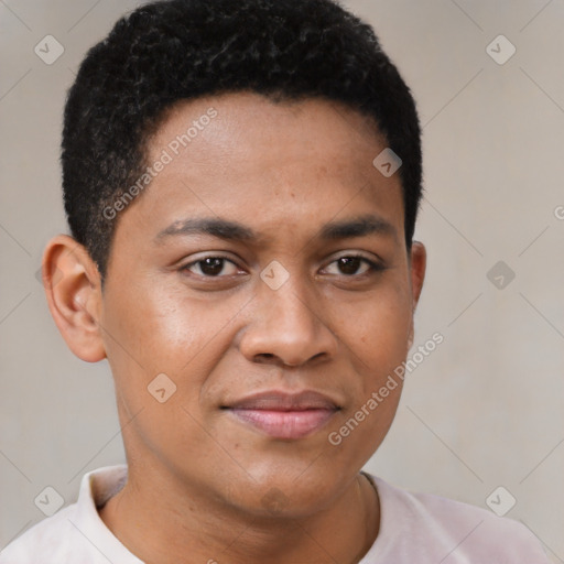 Joyful latino young-adult male with short  brown hair and brown eyes