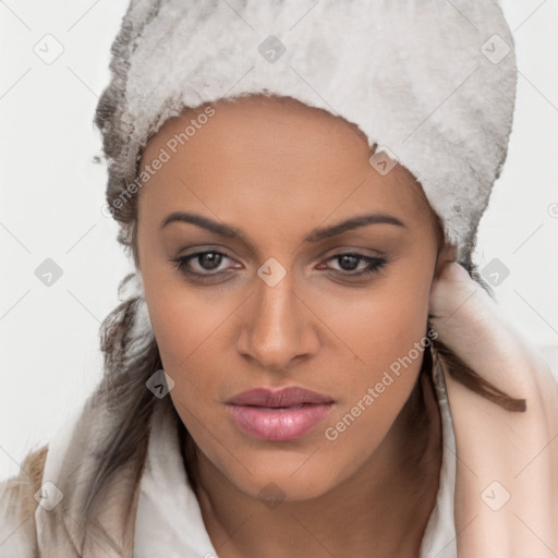 Neutral white young-adult female with long  brown hair and brown eyes