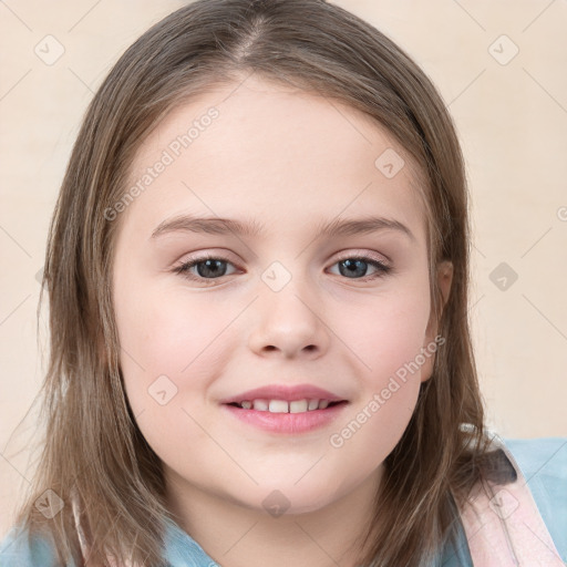 Joyful white child female with medium  brown hair and grey eyes