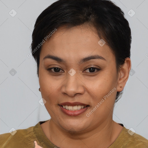 Joyful asian young-adult female with short  brown hair and brown eyes