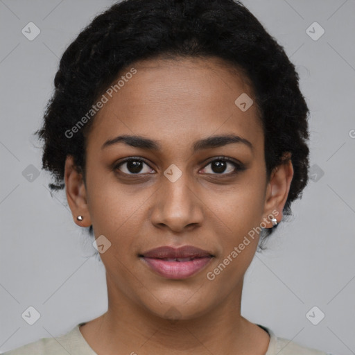 Joyful latino young-adult female with short  brown hair and brown eyes