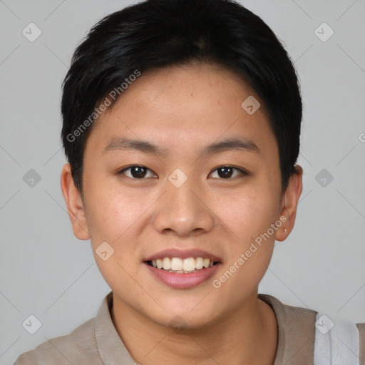 Joyful asian young-adult female with short  brown hair and brown eyes