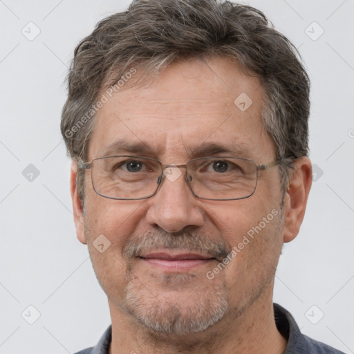 Joyful white middle-aged male with short  brown hair and brown eyes