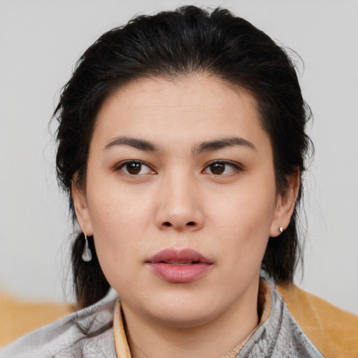 Neutral asian young-adult female with medium  brown hair and brown eyes