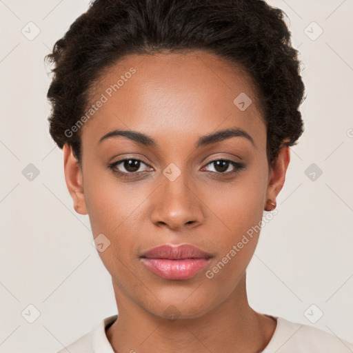 Neutral white young-adult female with short  brown hair and brown eyes