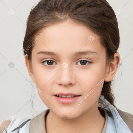 Joyful white child female with medium  brown hair and brown eyes