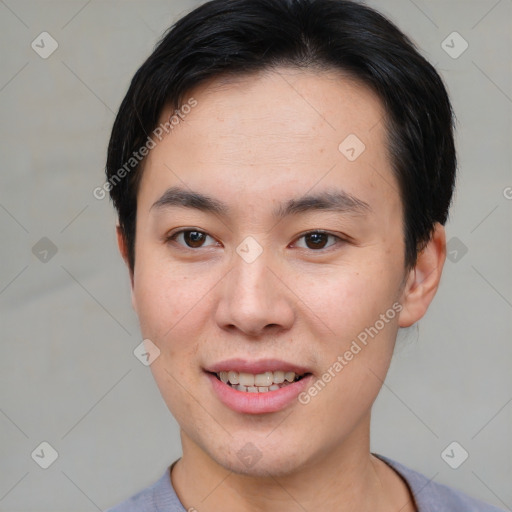 Joyful asian young-adult male with short  brown hair and brown eyes