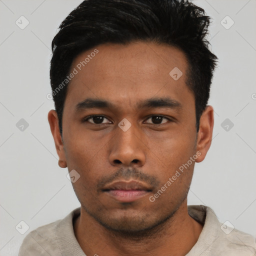 Neutral asian young-adult male with short  black hair and brown eyes