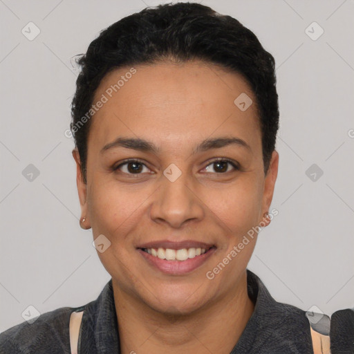 Joyful latino young-adult female with short  black hair and brown eyes