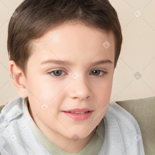 Joyful white child female with short  brown hair and brown eyes