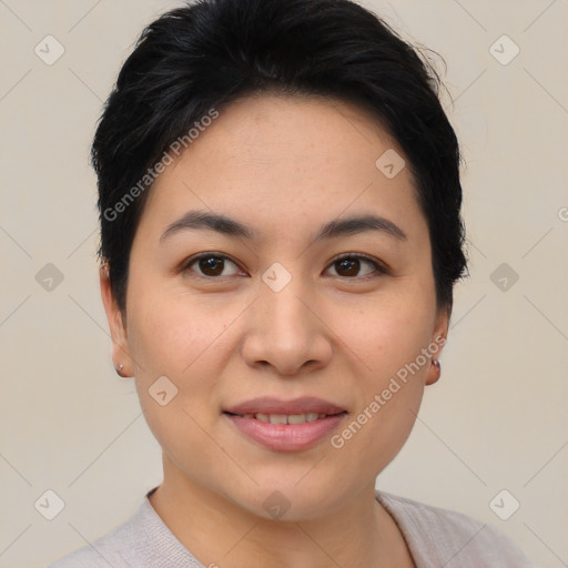 Joyful asian young-adult female with short  brown hair and brown eyes