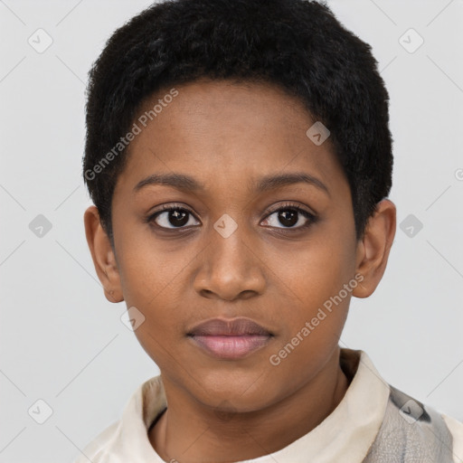 Neutral black young-adult female with short  black hair and brown eyes