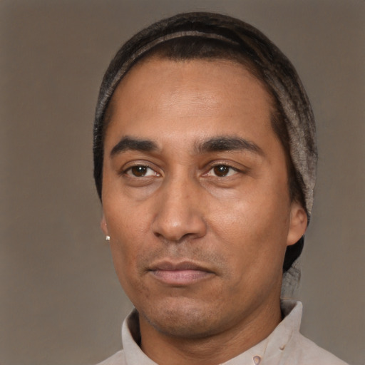 Neutral latino adult male with short  black hair and brown eyes