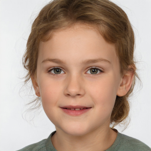 Joyful white child female with medium  brown hair and grey eyes