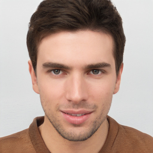 Neutral white young-adult male with short  brown hair and brown eyes