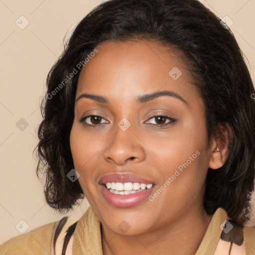 Joyful black young-adult female with medium  brown hair and brown eyes