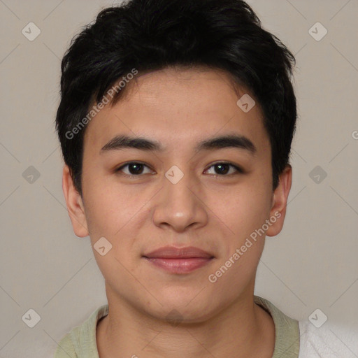 Joyful asian young-adult male with short  black hair and brown eyes