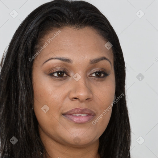 Joyful asian young-adult female with long  brown hair and brown eyes