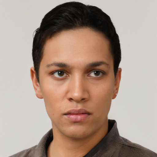 Neutral asian young-adult male with short  black hair and brown eyes