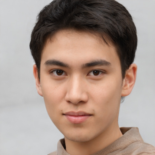 Neutral asian young-adult male with short  brown hair and brown eyes