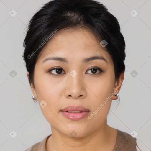 Neutral asian young-adult female with short  brown hair and brown eyes