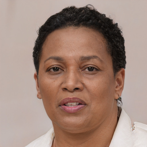 Joyful black adult female with short  brown hair and brown eyes