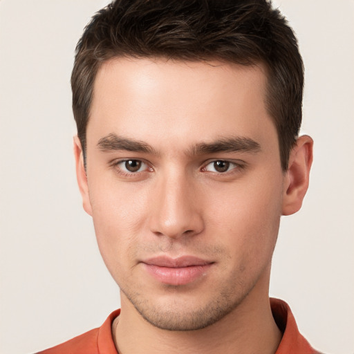 Neutral white young-adult male with short  brown hair and brown eyes