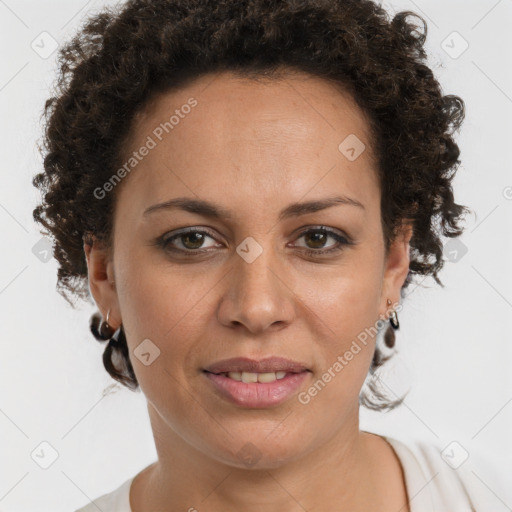 Joyful white adult female with short  brown hair and brown eyes