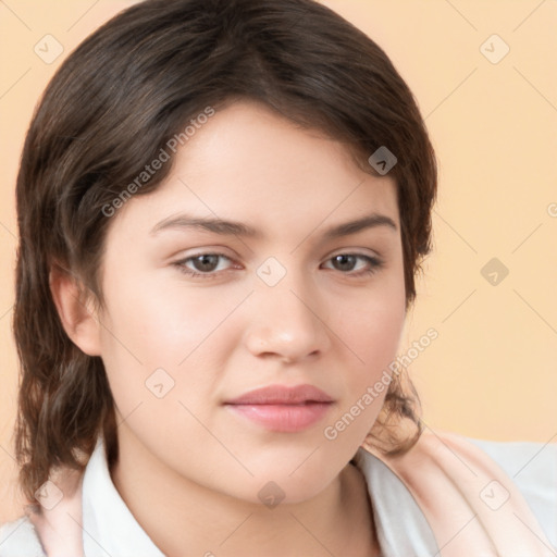 Neutral white young-adult female with medium  brown hair and brown eyes