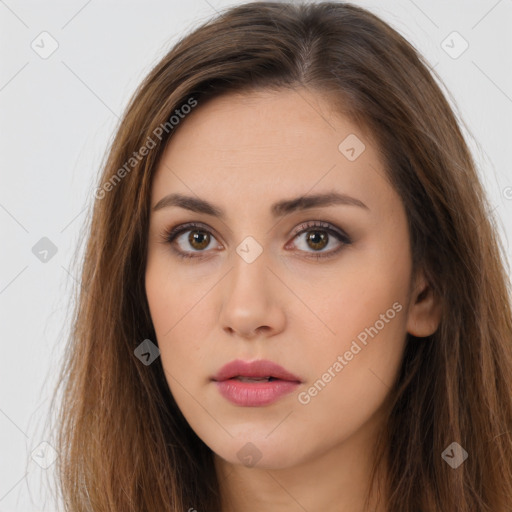 Neutral white young-adult female with long  brown hair and brown eyes