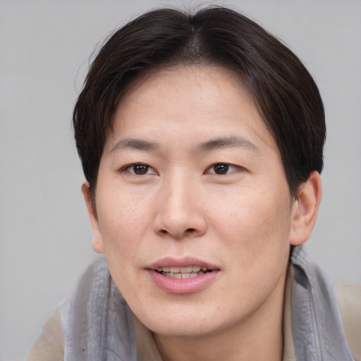 Joyful asian young-adult male with medium  brown hair and brown eyes