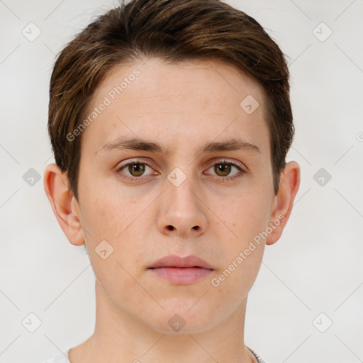 Neutral white young-adult male with short  brown hair and grey eyes