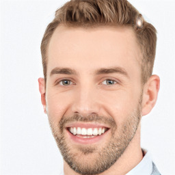 Joyful white young-adult male with short  brown hair and brown eyes